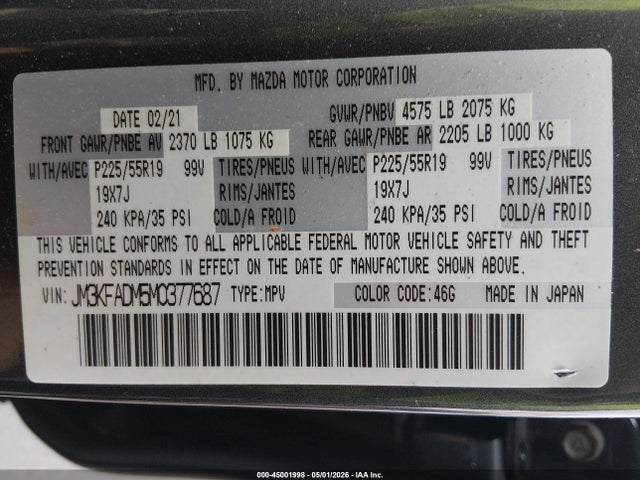 Auction sale of the 2021 Mazda Cx-5 Grand Touring, vin: JM3KFADM5M0377687, lot number: 45001998