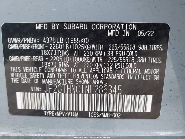 Aukcja sprzedaży 2022 Subaru Crosstrek Limited, vin: JF2GTHNC1NH286345, numer aukcji: 45002000