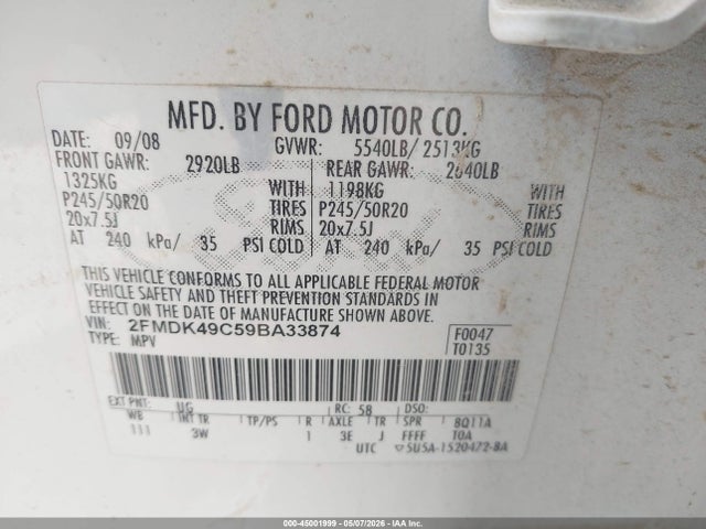 2009 Ford Edge Limited მანქანა იყიდება აუქციონზე, vin: 2FMDK49C59BA33874, აუქციონის ნომერი: 45001999