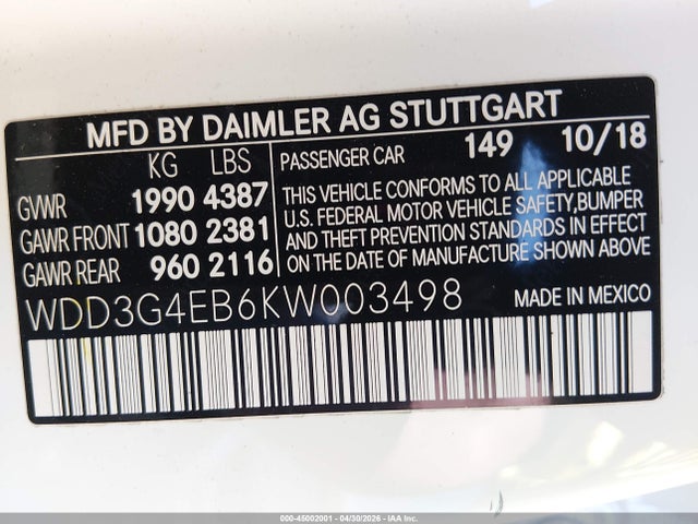 Aukcja sprzedaży 2019 Mercedes-benz A 220, vin: WDD3G4EB6KW003498, numer aukcji: 45002001