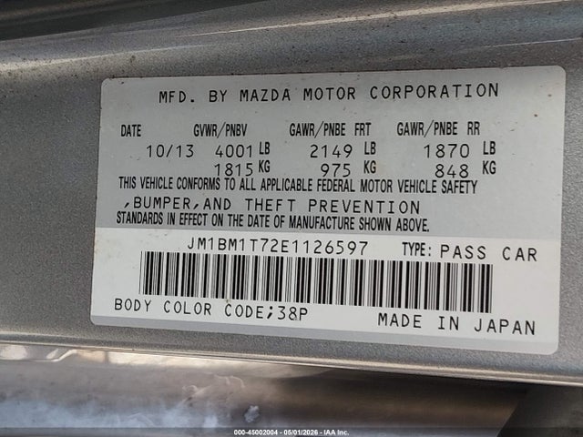 Aukcja sprzedaży 2014 Mazda Mazda3 I Sv, vin: JM1BM1T72E1126597, numer aukcji: 45002004
