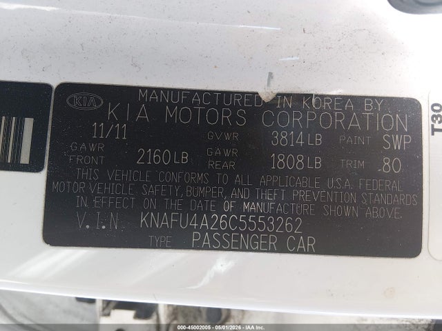 45002005 :رقم المزاد ، KNAFU4A26C5553262 vin ، 2012 Kia Forte Ex مزاد بيع