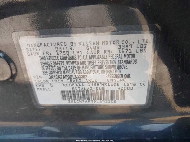 2013 Nissan Versa 1.6 S+ მანქანა იყიდება აუქციონზე, vin: 3N1CN7AP9DL893302, აუქციონის ნომერი: 45002009
