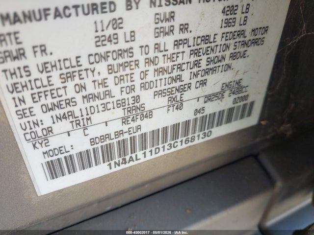2003 Nissan Altima 2.5 S მანქანა იყიდება აუქციონზე, vin: 1N4AL11D13C168130, აუქციონის ნომერი: 45002017