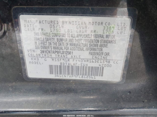 Продажа на аукционе авто 2015 Nissan Versa 1.6 S, vin: 3N1CN7AP9FL812561, номер лота: 45002030
