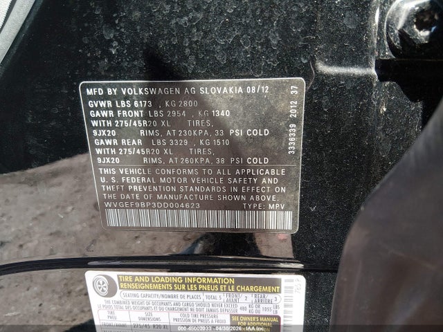 2013 Volkswagen Touareg Vr6 Executive მანქანა იყიდება აუქციონზე, vin: WVGEF9BP3DD004623, აუქციონის ნომერი: 45002033