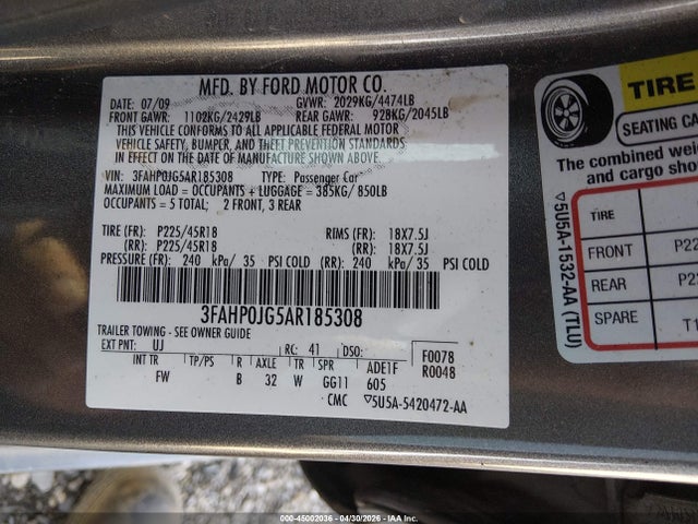 45002036 :رقم المزاد ، 3FAHP0JG5AR185308 vin ، 2010 Ford Fusion Sel مزاد بيع