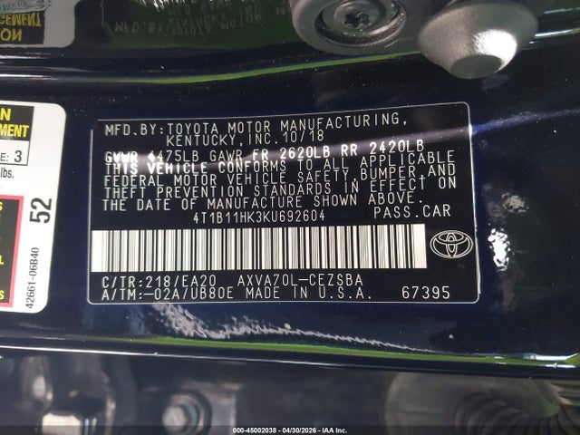 Продажа на аукционе авто 2019 Toyota Camry Se, vin: 4T1B11HK3KU692604, номер лота: 45002038