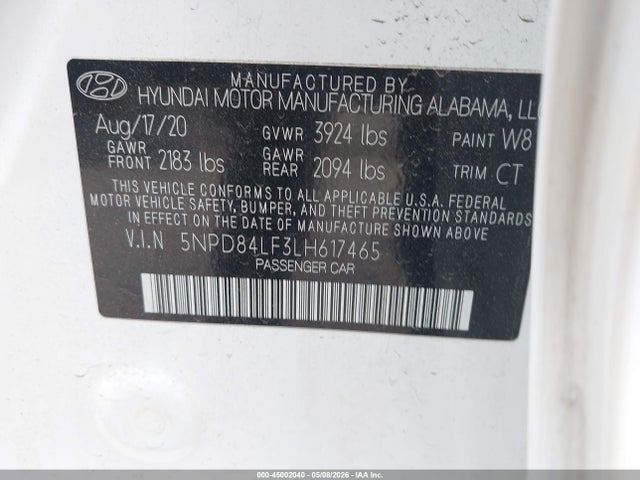 Aukcja sprzedaży 2020 Hyundai Elantra Value Edition, vin: 5NPD84LF3LH617465, numer aukcji: 45002040