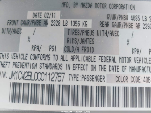 2012 Mazda Mazda5 Sport მანქანა იყიდება აუქციონზე, vin: JM1CW2BL0C0112767, აუქციონის ნომერი: 45002041