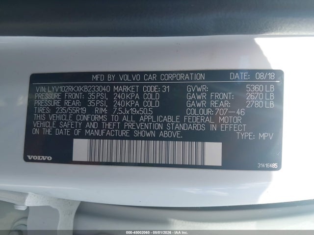 Aukcja sprzedaży 2019 Volvo Xc60 T5 Momentum, vin: LYV102RKXKB233040, numer aukcji: 45002060
