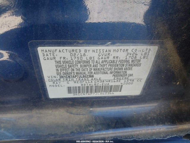 Aukcja sprzedaży 2018 Nissan Versa 1.6 Sv, vin: 3N1CN7AP7JL862366, numer aukcji: 45002062