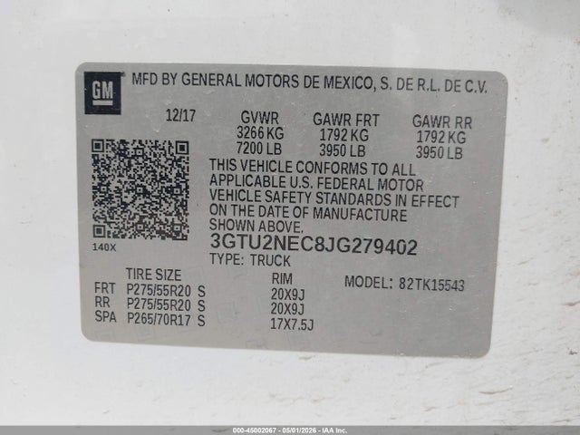 45002067 :رقم المزاد ، 3GTU2NEC8JG279402 vin ، 2018 Gmc Sierra 1500 Slt مزاد بيع