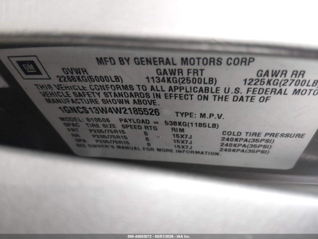 Aukcja sprzedaży 1998 Chevrolet Blazer, vin: 1GNCS13W4W2185526, numer aukcji: 45002072