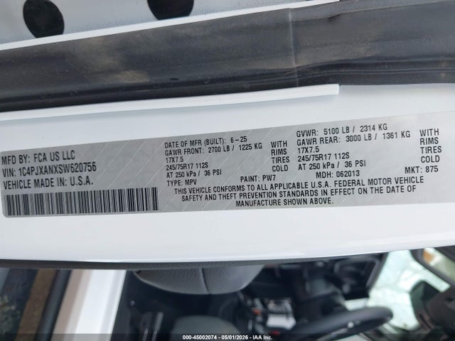 45002074 :رقم المزاد ، 1C4PJXANXSW620756 vin ، 2025 Jeep Wrangler 2-door Sport S 4x4 مزاد بيع
