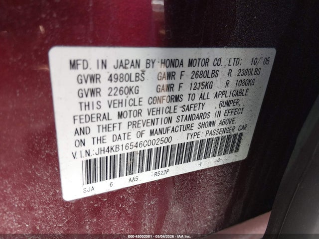 45002081 :رقم المزاد ، JH4KB16546C002500 vin ، 2006 Acura Rl 3.5 مزاد بيع