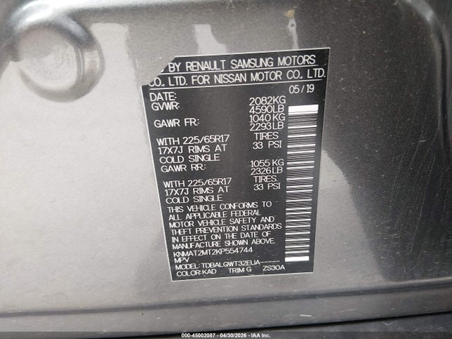 Продаж на аукціоні авто 2019 Nissan Rogue Sv, vin: KNMAT2MT2KP554744, номер лоту: 45002087