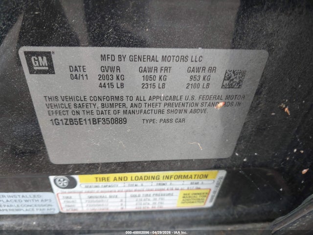 Продаж на аукціоні авто 2011 Chevrolet Malibu Ls, vin: 1G1ZB5E11BF350889, номер лоту: 45002096