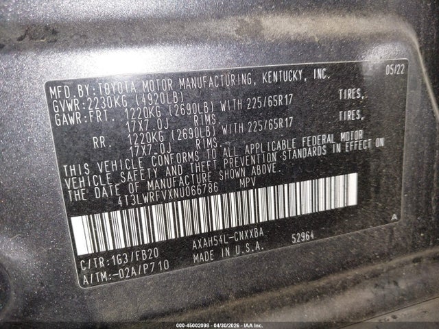 45002098 :رقم المزاد ، 4T3LWRFVXNU066786 vin ، 2022 Toyota Rav4 Hybrid Le مزاد بيع