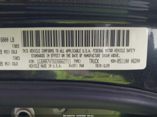 Продаж на аукціоні авто 2013 Ram 1500 Laramie, vin: 1C6RR7VT6DS662711, номер лоту: 45002104