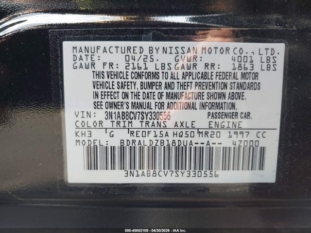 Продаж на аукціоні авто 2025 Nissan Sentra Sv, vin: 3N1AB8CV7SY330556, номер лоту: 45002109