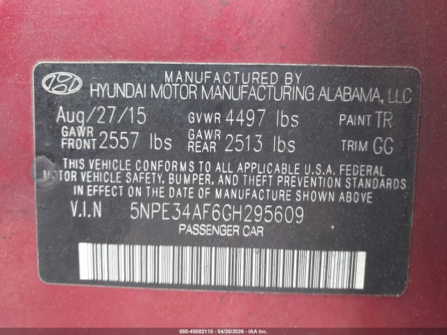 Продажа на аукционе авто 2016 Hyundai Sonata Sport, vin: 5NPE34AF6GH295609, номер лота: 45002110
