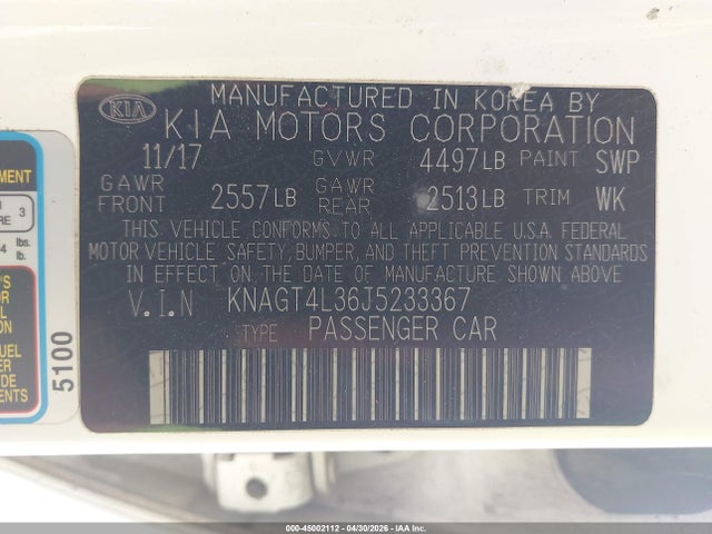 Aukcja sprzedaży 2018 Kia Optima Lx, vin: KNAGT4L36J5233367, numer aukcji: 45002112