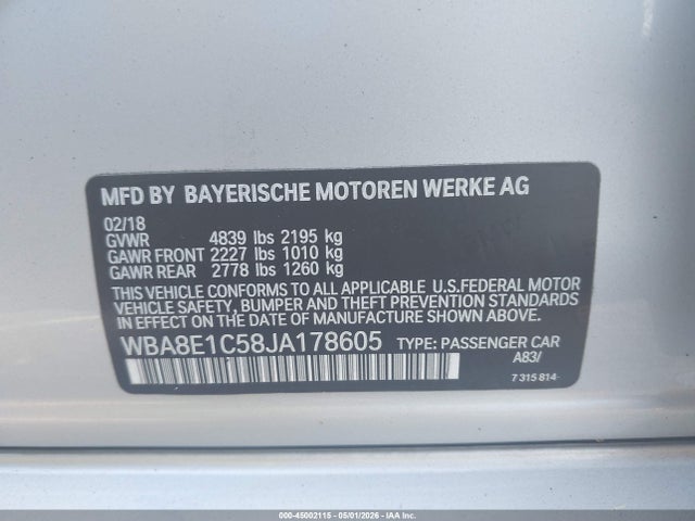 Aukcja sprzedaży 2018 Bmw 330e Iperformance, vin: WBA8E1C58JA178605, numer aukcji: 45002115