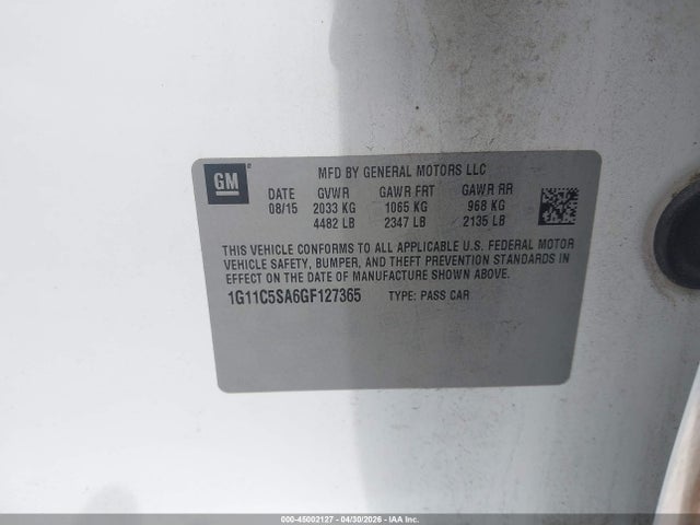 2016 Chevrolet Malibu Limited Lt მანქანა იყიდება აუქციონზე, vin: 1G11C5SA6GF127365, აუქციონის ნომერი: 45002127