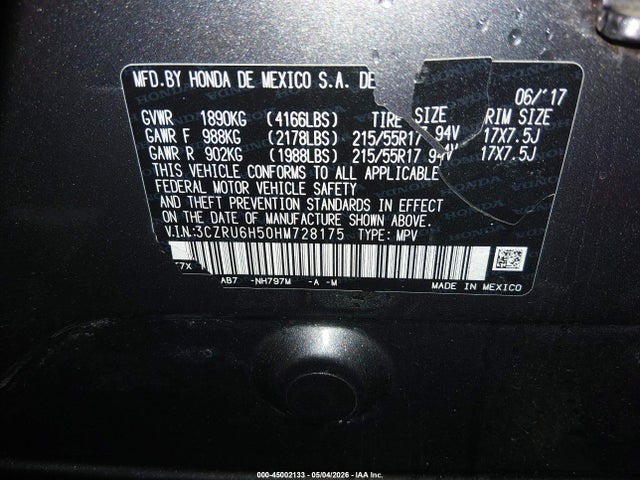 Продаж на аукціоні авто 2017 Honda Hr-v Ex, vin: 3CZRU6H50HM728175, номер лоту: 45002133
