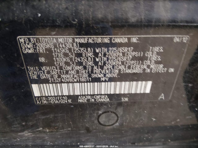 Aukcja sprzedaży 2012 Toyota Rav4, vin: 2T3ZF4DV8CW118011, numer aukcji: 45002137
