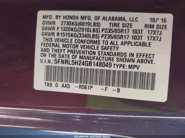 Honda ODYSSEY LX 2016 5FNRL5H24GB148049 Image 9