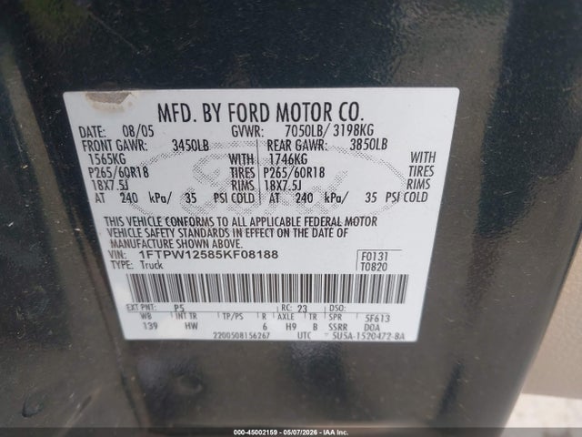 45002159 :رقم المزاد ، 1FTPW12585KF08188 vin ، 2005 Ford F-150 Lariat/xlt مزاد بيع