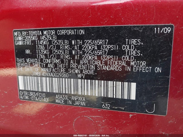 Auction sale of the 2010 Toyota Rav4, vin: JTMBF4DVXAD029360, lot number: 45002161