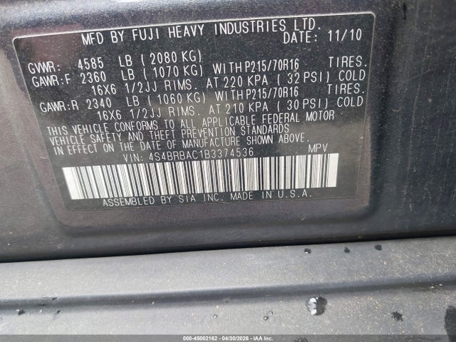 2011 Subaru Outback 2.5i მანქანა იყიდება აუქციონზე, vin: 4S4BRBAC1B3374536, აუქციონის ნომერი: 45002162