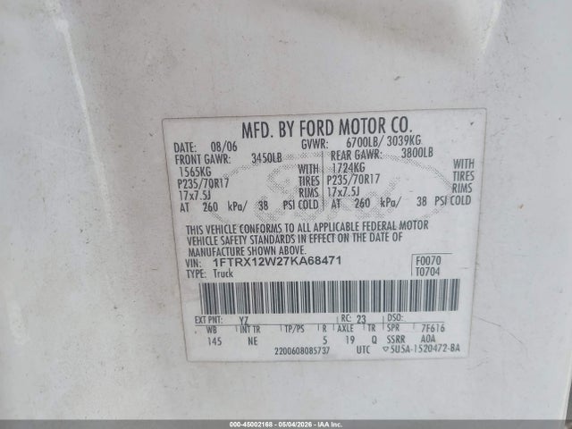 2007 Ford F-150 Stx/xl/xlt მანქანა იყიდება აუქციონზე, vin: 1FTRX12W27KA68471, აუქციონის ნომერი: 45002168