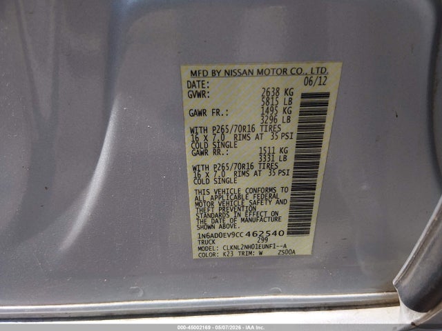 45002169 :رقم المزاد ، 1N6AD0EV9CC462540 vin ، 2012 Nissan Frontier Sv مزاد بيع