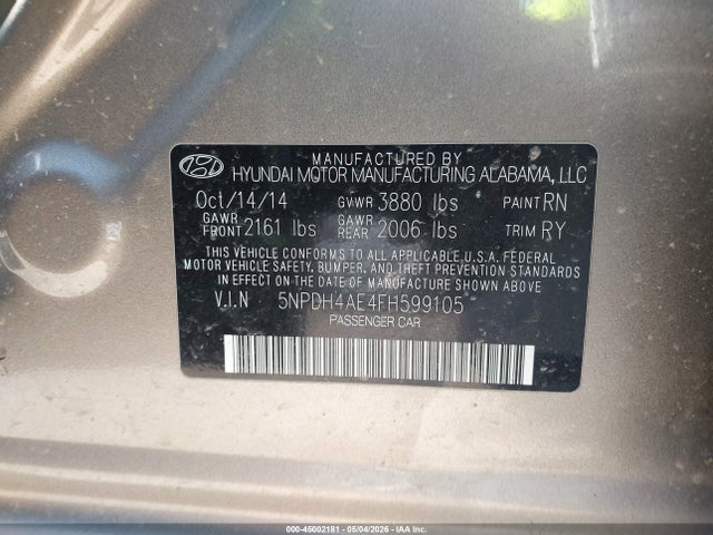 Aukcja sprzedaży 2015 Hyundai Elantra Se, vin: 5NPDH4AE4FH599105, numer aukcji: 45002181