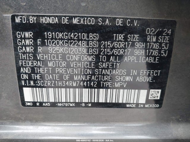 Продаж на аукціоні авто 2024 Honda Hr-v 2wd Lx, vin: 3CZRZ1H34RM744142, номер лоту: 45002182