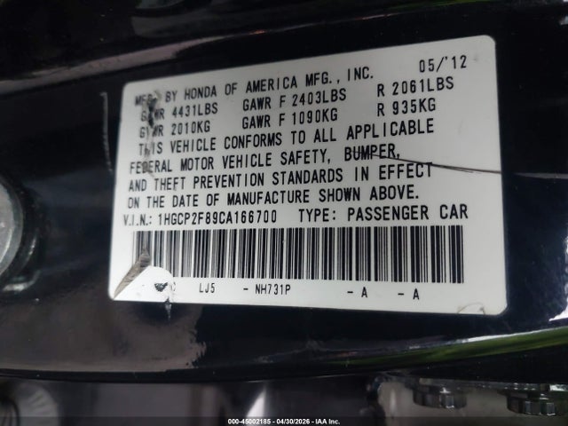 Aukcja sprzedaży 2012 Honda Accord 2.4 Ex-l, vin: 1HGCP2F89CA166700, numer aukcji: 45002185