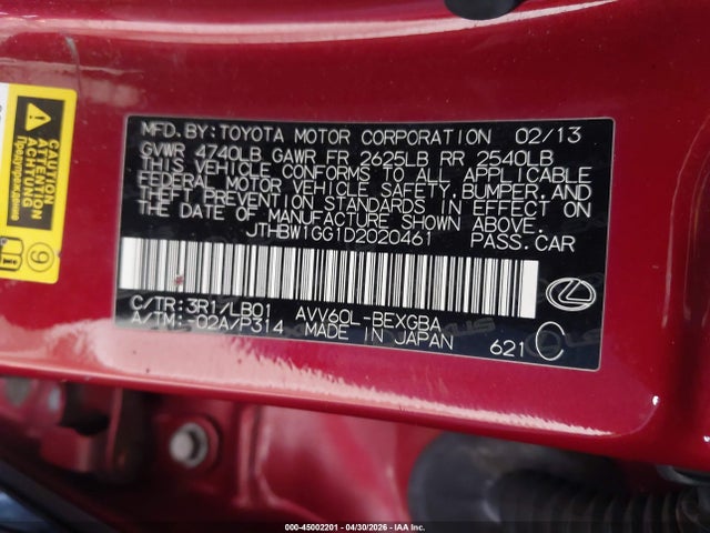 Продаж на аукціоні авто 2013 Lexus Es 300h, vin: JTHBW1GG1D2020461, номер лоту: 45002201