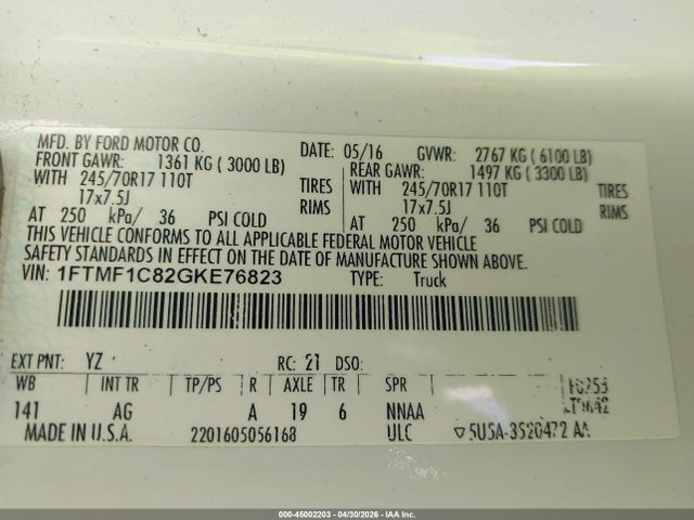 Aukcja sprzedaży 2016 Ford F-150 Xl, vin: 1FTMF1C82GKE76823, numer aukcji: 45002203