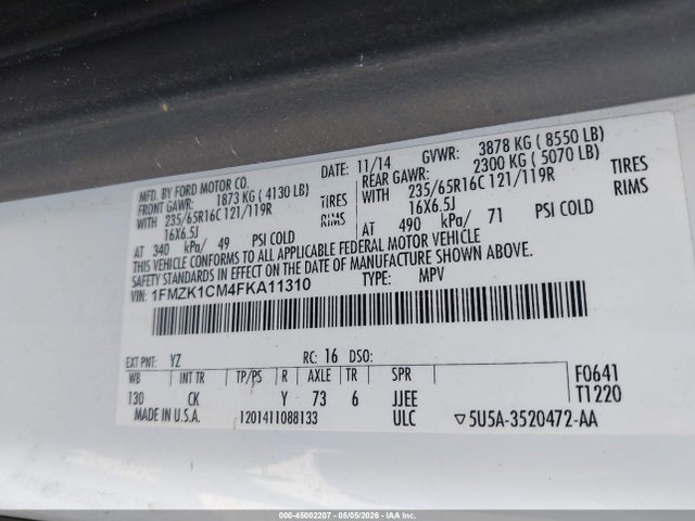 Продаж на аукціоні авто 2015 Ford Transit-150 Xl, vin: 1FMZK1CM4FKA11310, номер лоту: 45002207
