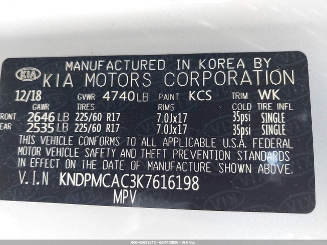 45002210 :رقم المزاد ، KNDPMCAC3K7616198 vin ، 2019 Kia Sportage Lx مزاد بيع