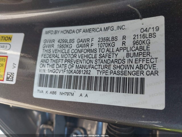 Auction sale of the 2019 Honda Accord Lx, vin: 1HGCV1F10KA081262, lot number: 45002211