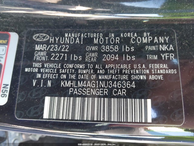 2022 Hyundai Elantra Sel მანქანა იყიდება აუქციონზე, vin: KMHLM4AG1NU346364, აუქციონის ნომერი: 45002218