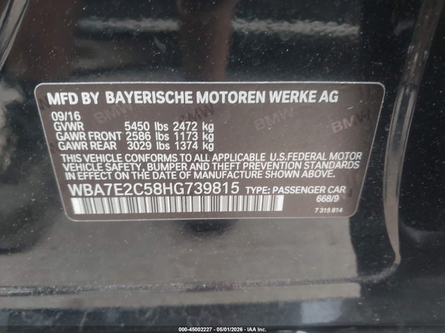 Auction sale of the 2017 Bmw 740i, vin: WBA7E2C58HG739815, lot number: 45002227