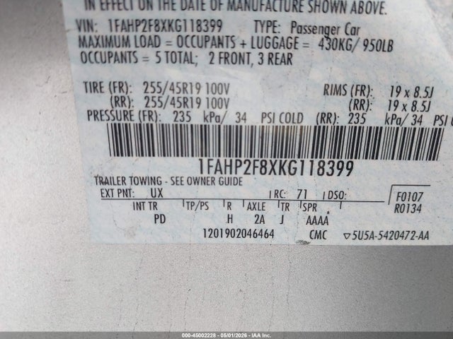 2019 Ford Taurus Limited მანქანა იყიდება აუქციონზე, vin: 1FAHP2F8XKG118399, აუქციონის ნომერი: 45002228