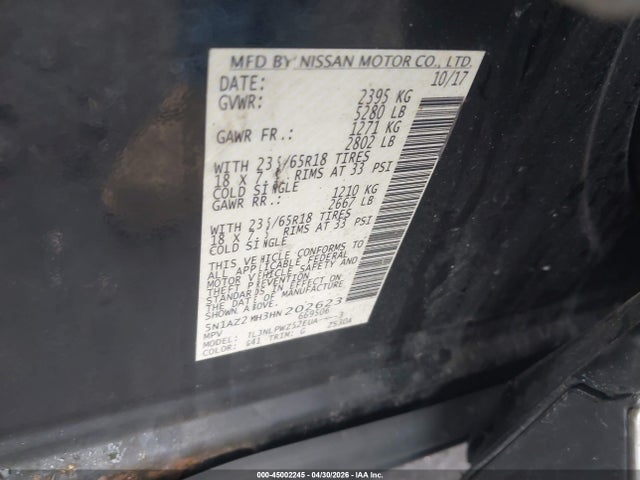 45002245 :رقم المزاد ، 5N1AZ2MH3HN202623 vin ، 2017 Nissan Murano S مزاد بيع