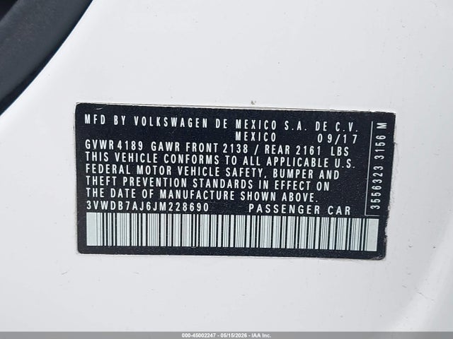 2018 Volkswagen Jetta 1.4t Se/1.4t Wolfsburg Edition მანქანა იყიდება აუქციონზე, vin: 3VWDB7AJ6JM228690, აუქციონის ნომერი: 45002247